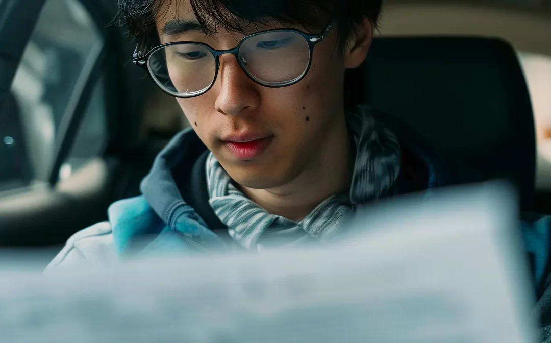 a person sitting in a car with a disappointed expression as an instructor marks their test sheet.