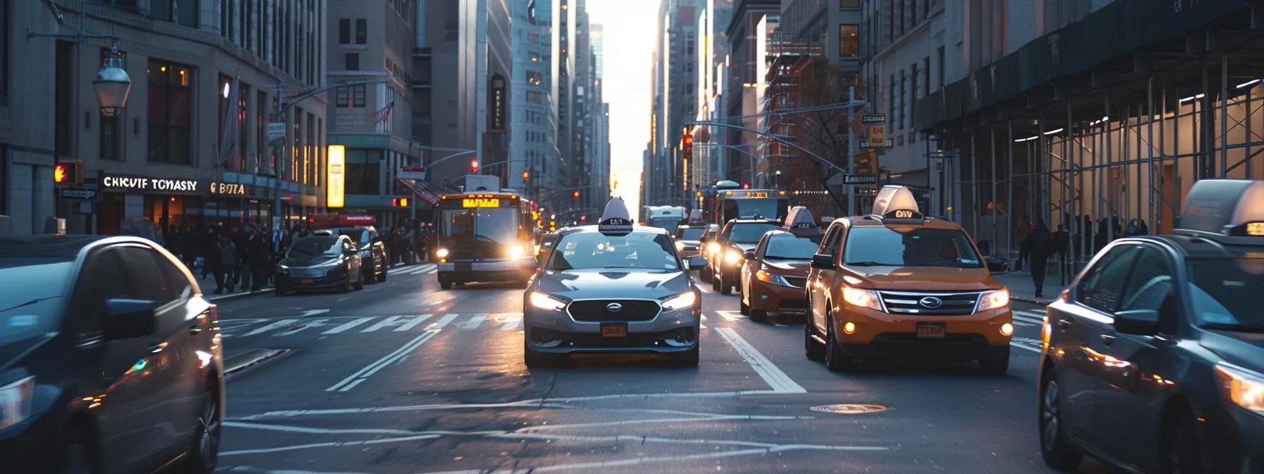 a car smoothly changing lanes on a busy new york street.