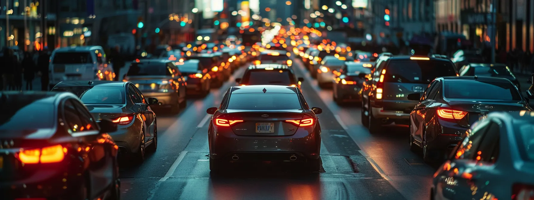 a car cautiously cruising through busy city traffic.