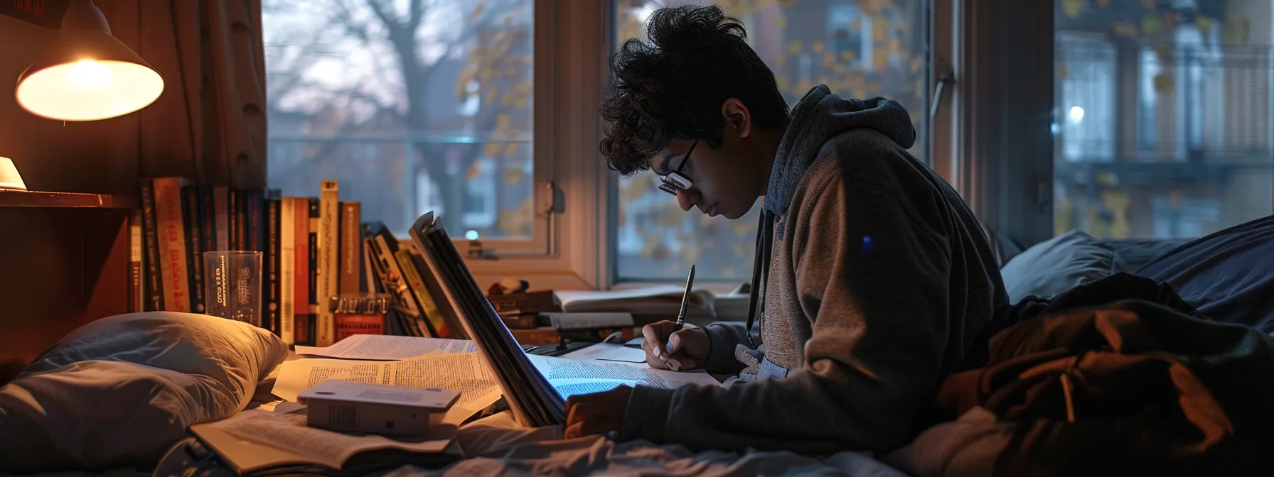 a focused student studying the driver's manual with practice tests and notes scattered around, preparing diligently for the ny written permit exam.