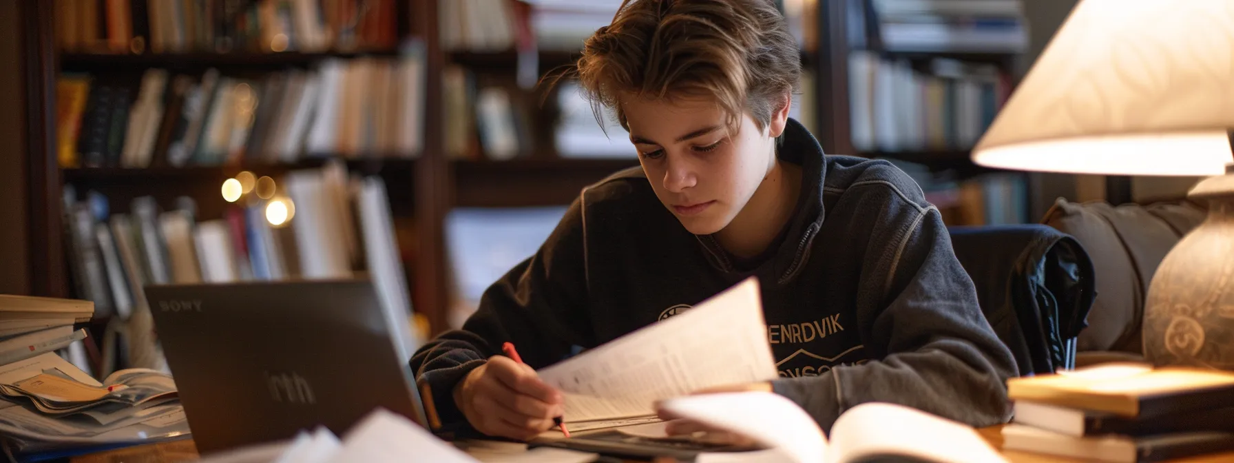 a hopeful teenager studying a comprehensive ny driving manual with focused determination, surrounded by scattered papers and a laptop displaying the department of motor vehicles website.