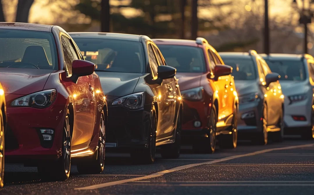 a line of cars waiting with student drivers inside at a dmv road test site in new york.