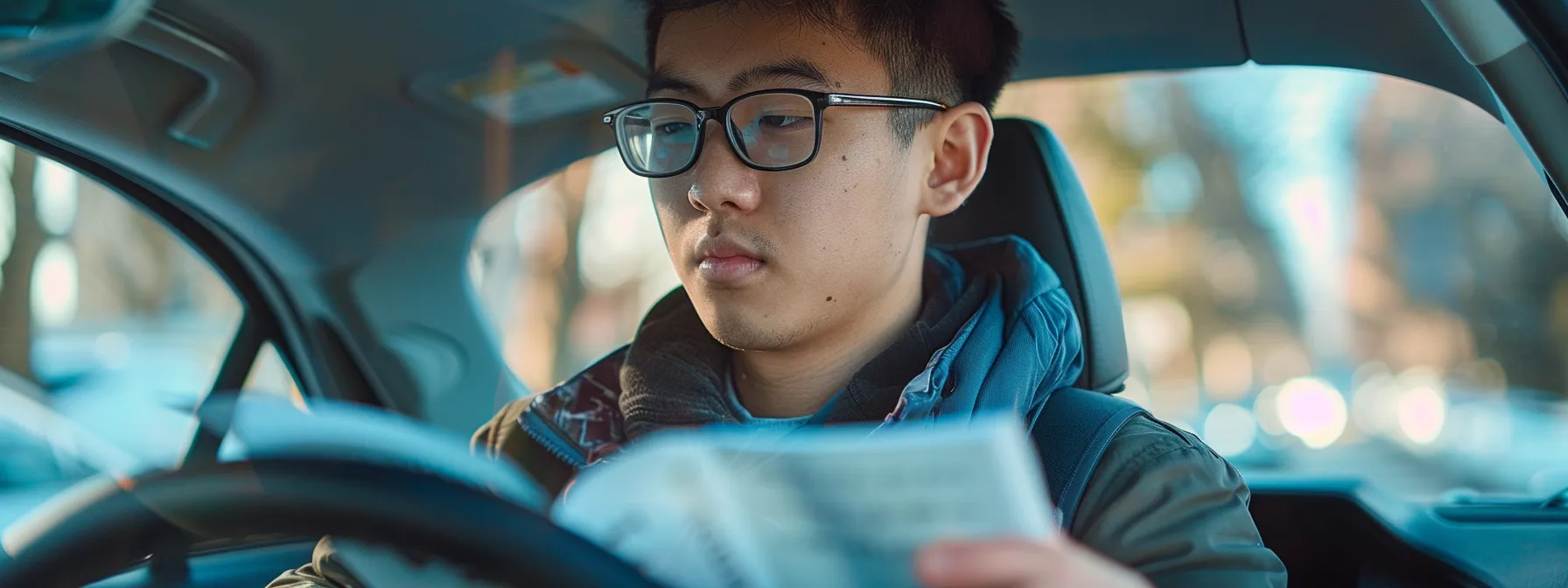 an aspiring driver studying dmv guidelines at a local school before their road test.